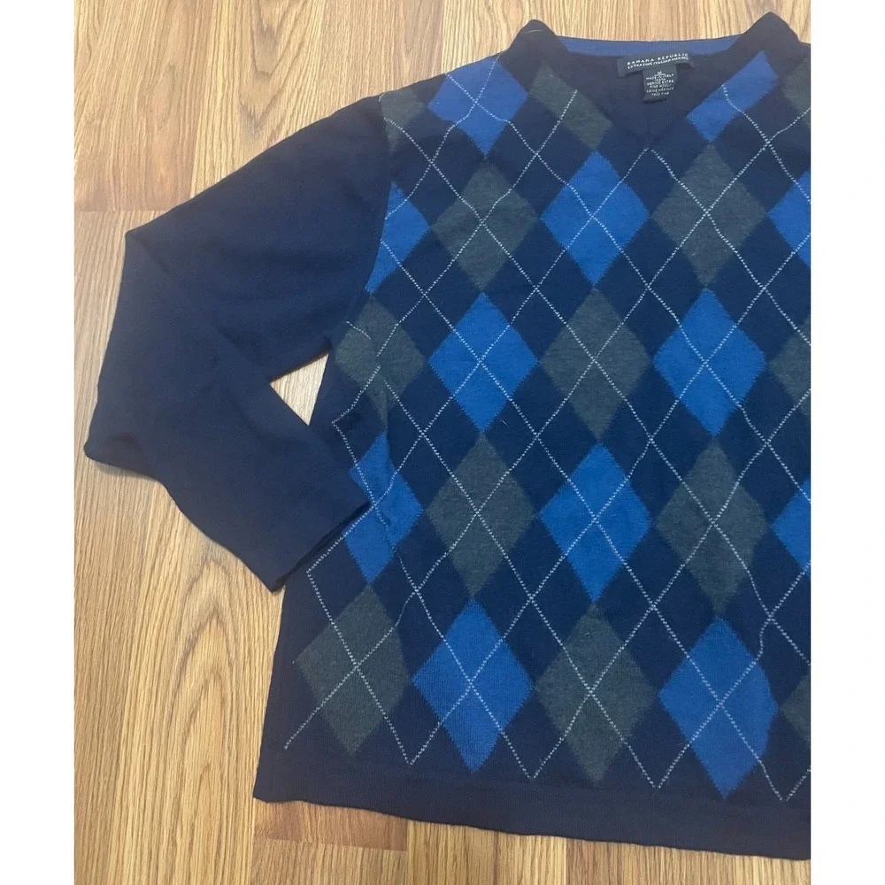Banana Republic Sweater Mens Medium Italian Merino Argyle V Neck Navy